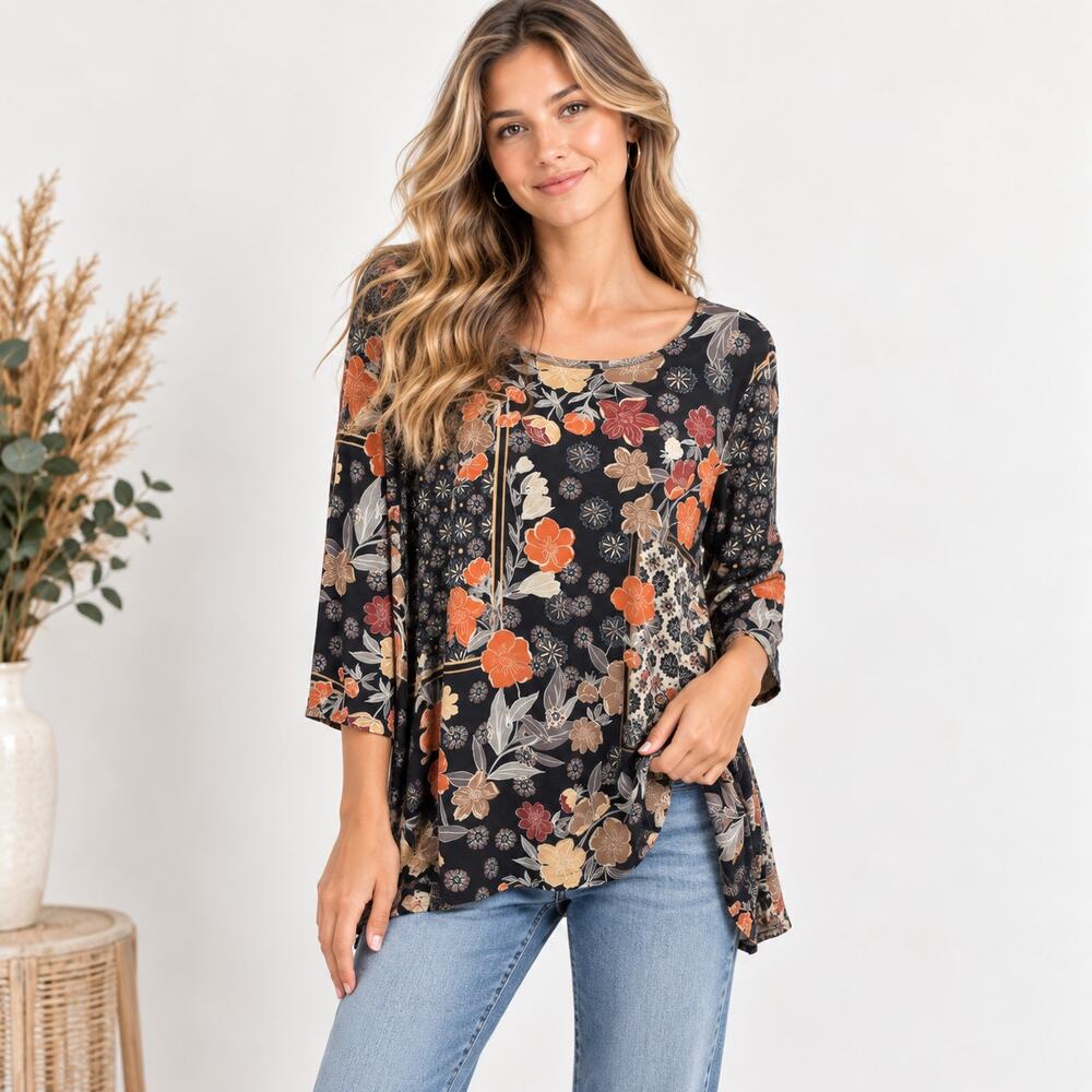 Susan Graver Liquid Knit Blouse Women's Size 2X Black Floral Boho Office Earthy